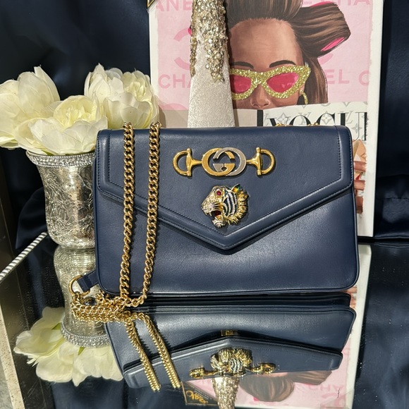 ✨Gucci Rajah Chain Shoulder Bag Leather Medium Blue Handbag Bag - Picture 3 of 16